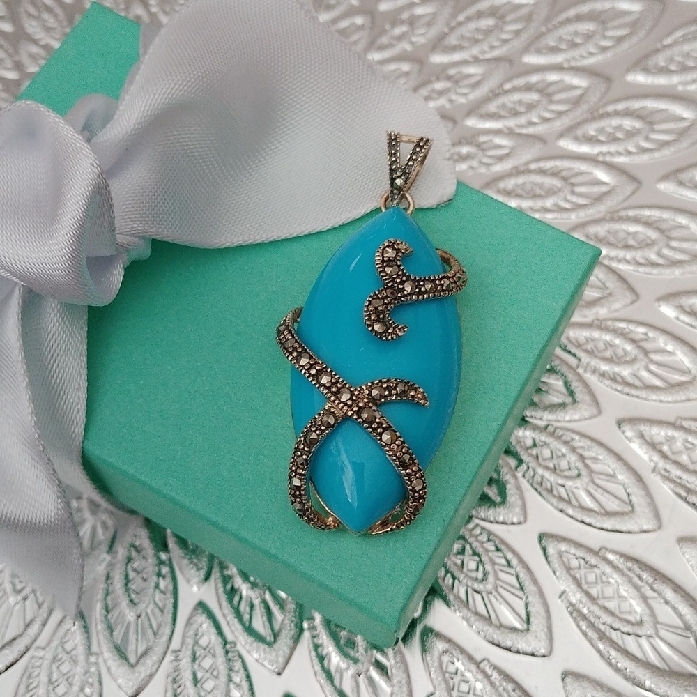 Sterling Silver + Blue Stone with Marcasites Pendant